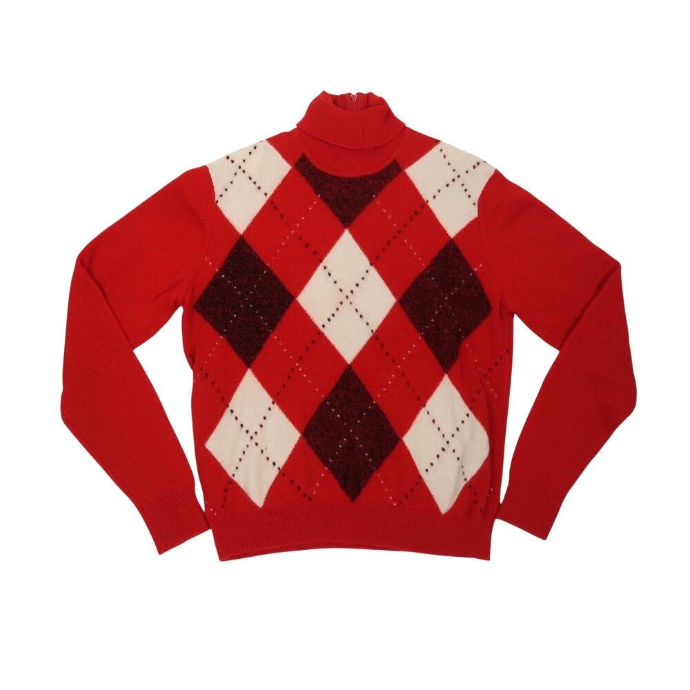 Vintage Red Argyle Scottish Cashmere Wool Turtleneck Sweater M